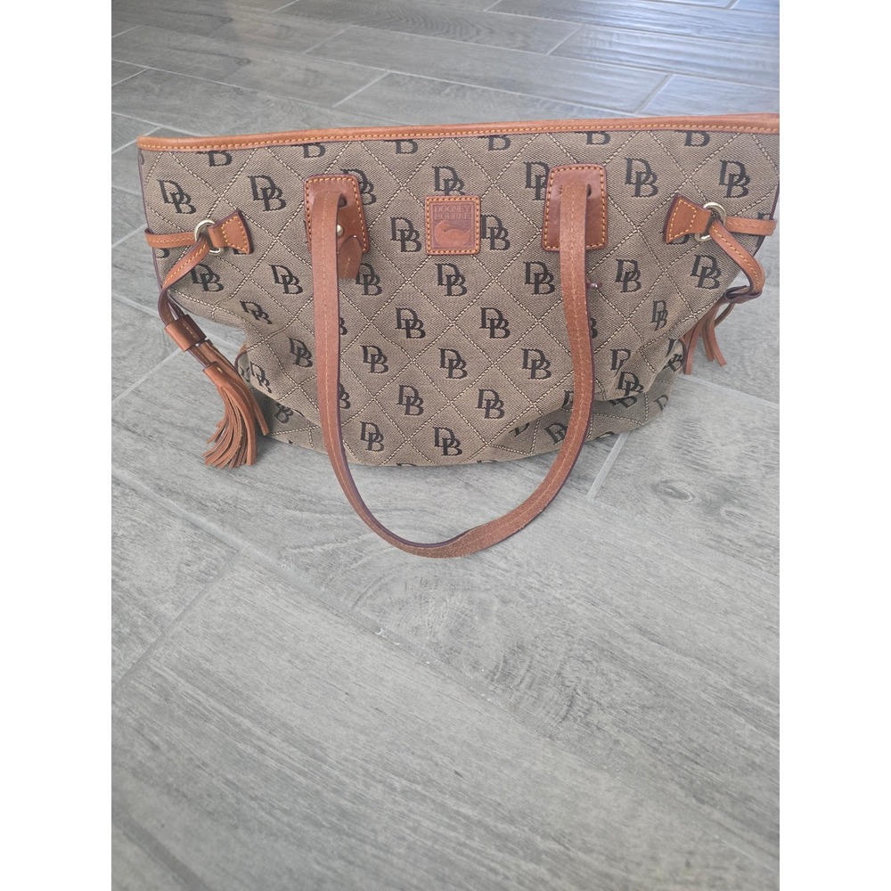 Dooney & Bourke Signature Logo Canvas Leather Trim Tote Bag Tan Brown Large
